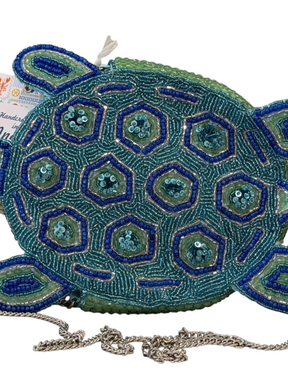 Handcrafted in India Blue Green Turtle Beaded Sequin Crossbody Bag NWT - Picture 3 of 5